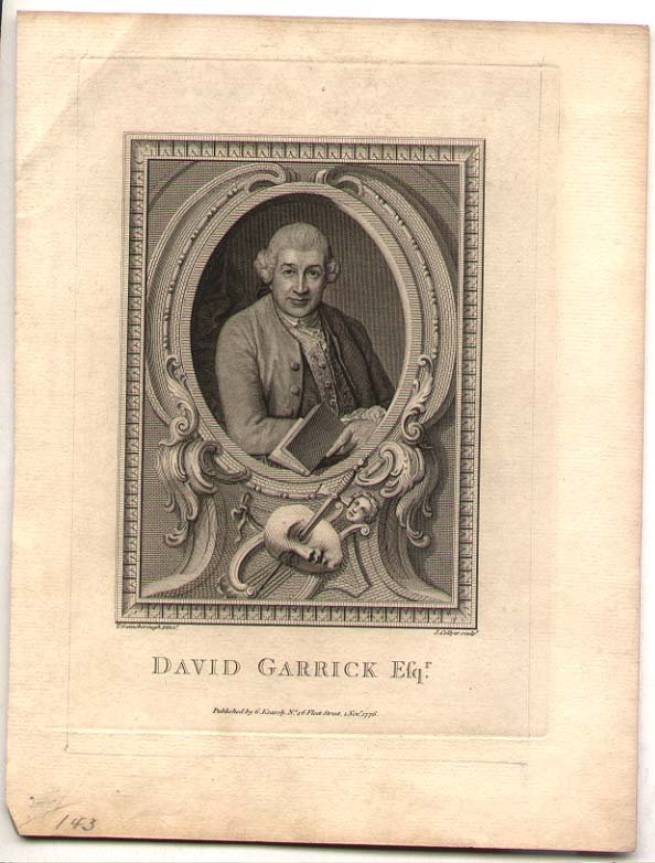 David Garrick [1717-1779] English actor: [THEATRE] David Garrick [1717-1779] English actor, playwright, theatre manager and producer who influenced nearly all aspects of theatrical practice throughout the 18th century. Antique engraved portr