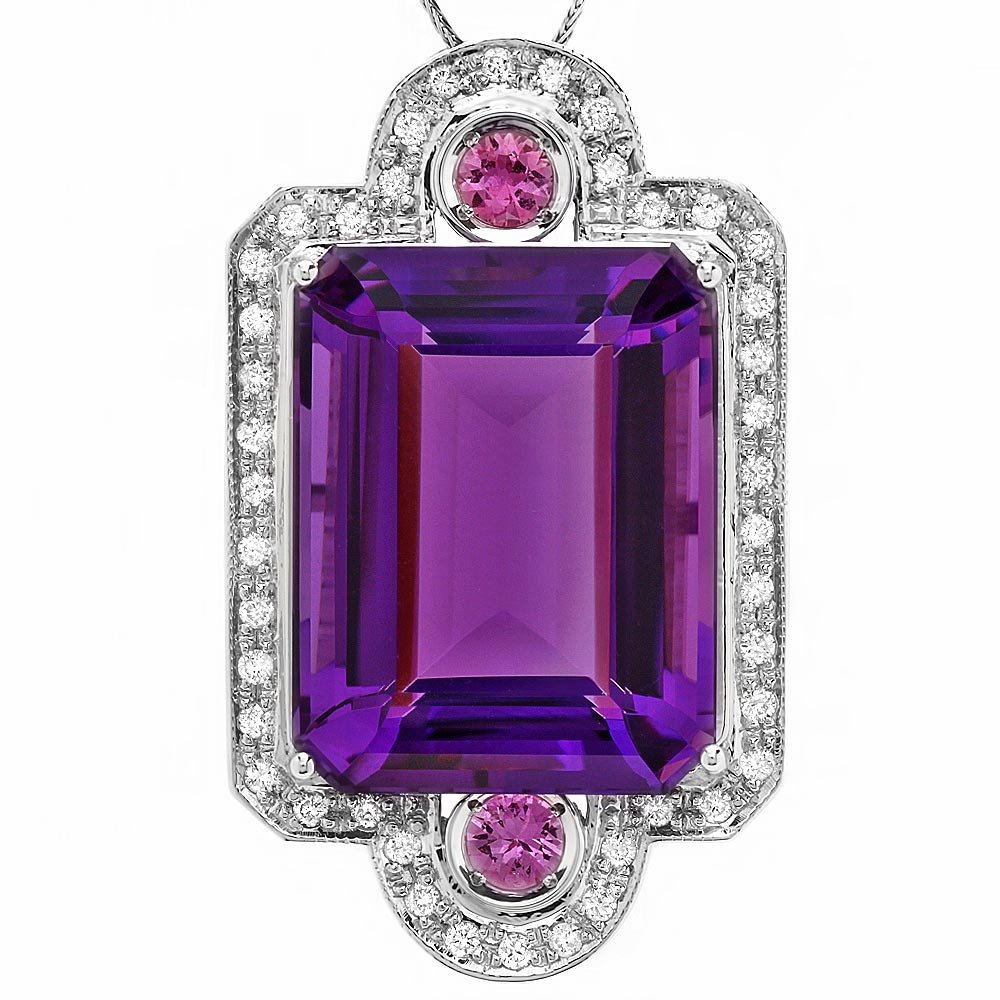 14k Gold 43ct Amethyst 0.85ct Diamond Pendant: Retail: $16,500.00 ****** 14k Gold 43ct Amethyst 0.85ct Diamond Pendant ****** Metal: 14k Solid White Gold / Size: 16 / Total Item Weight: 20.5 grams / Country Made: United States / / Main Stone: Amet