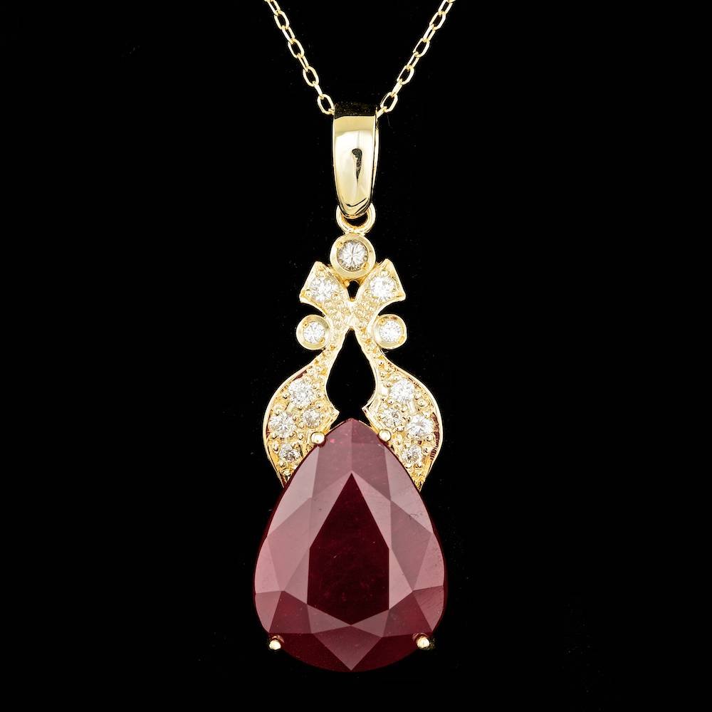 14k Gold 20.00ct Ruby 0.35ct Diamond Pendant: Retail: $6,800.00 ****** 14k Gold 20.00ct Ruby 0.35ct Diamond Pendant ****** Metal: 14k Solid Yellow Gold / Size: 18 / Total Item Weight: 9.5 grams / Country Made: United States / / Main Stone: Ruby /