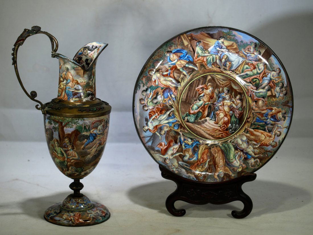 Antique Vienna enamel ewer & plate Greek revival design (1 of 13)