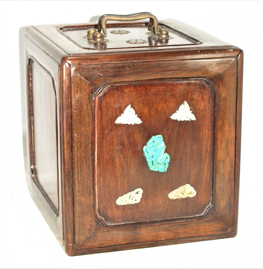 Antique Chinese rosewood majong box w/ jade & hardstone (1 of 6)
