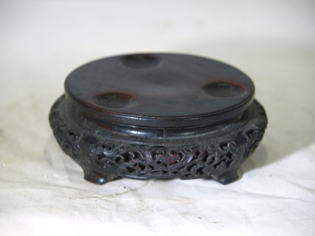 RARE antique Chinese hardwood wood stand for censer: stand - 2\" height x 4 3/4\" diameter. Spacing on the trip feet are 2 1/2\" apart from the center of each foot.