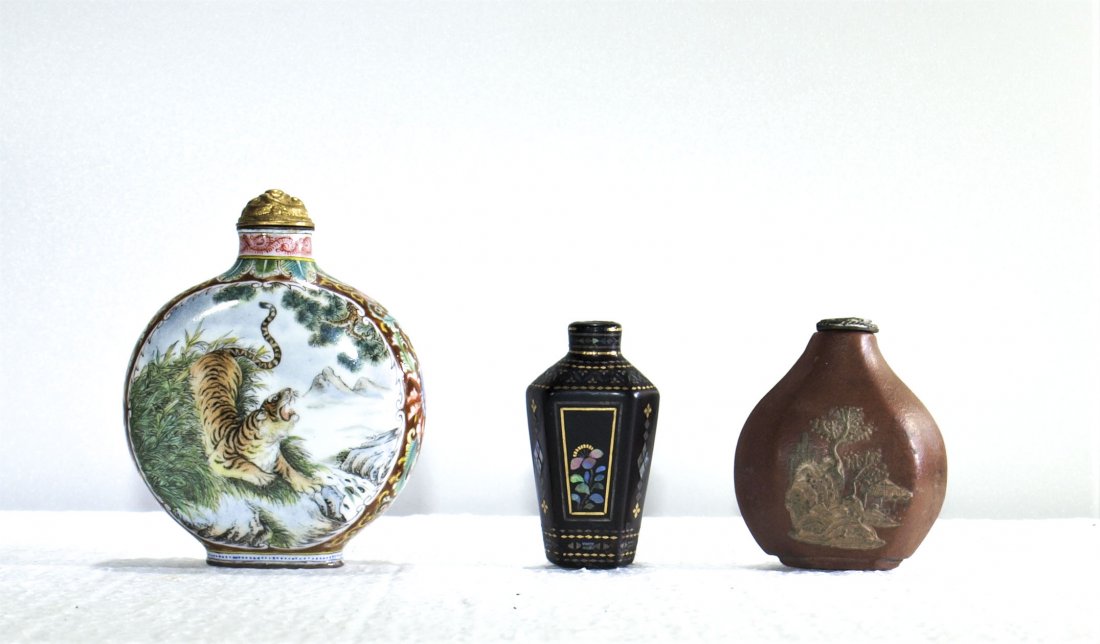 (3) Antique & Vintage Chinese snuff bottles: P1: Tiger Height: P1: 3 in. Width P1: 2 1/2 in. Depth: P1: 1 in -- P2: Ceramic Height: P2: 2 in. Width P2: 1 3/4 in Depth: P2: 7/8 in -- P3: Mother of pearl Height: P3: 2 in. Width P3: 1 3/4 in. Depth