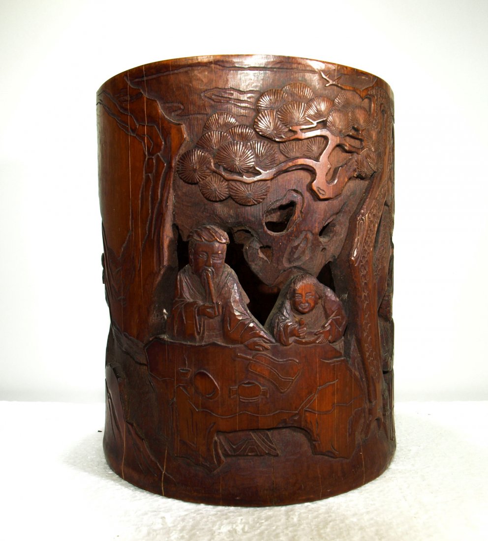 Finely carved antique bamboo brush pot of scholars: Finely carved antique bamboo brush pot of scholars at a table ---Height: 6 1/8 in Width: 5 Depth: 5 Weight: 1.1 lb --
