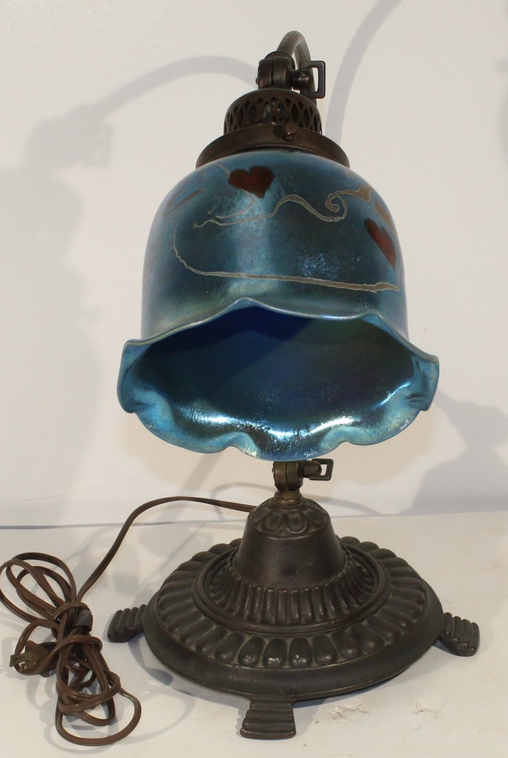 Vintage bronze table lamp w/ studio glass shade MARKED (1 of 12)