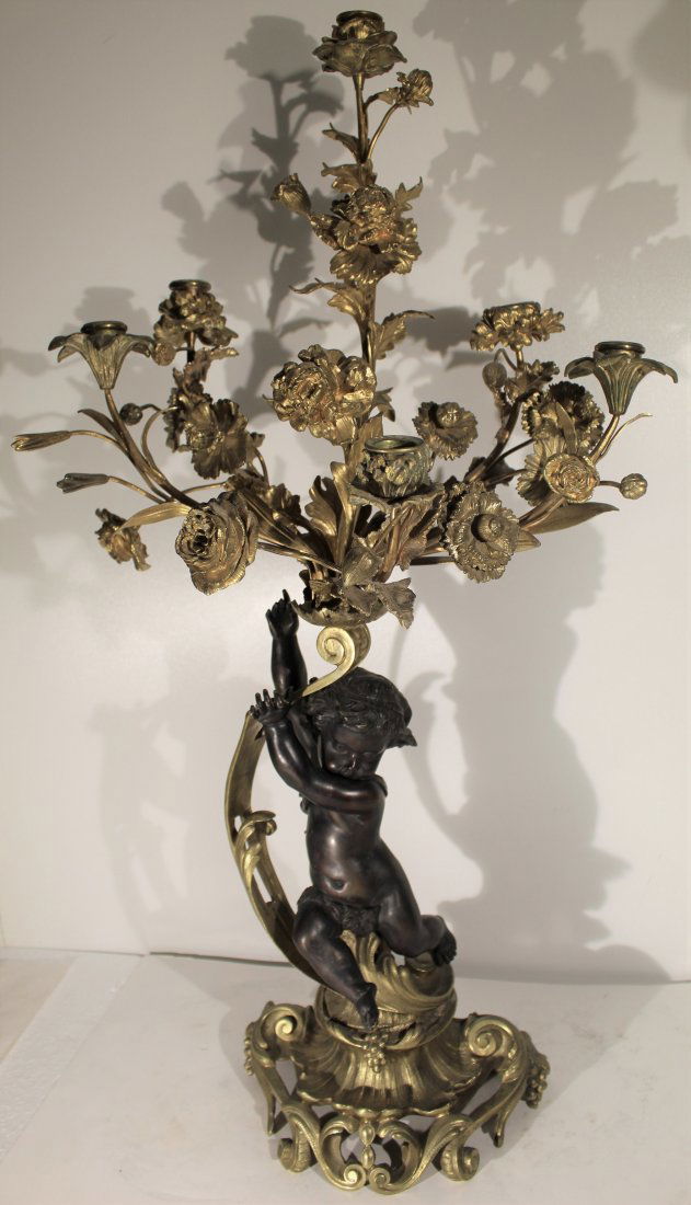 Antique French bronze cherub statue candelabra
