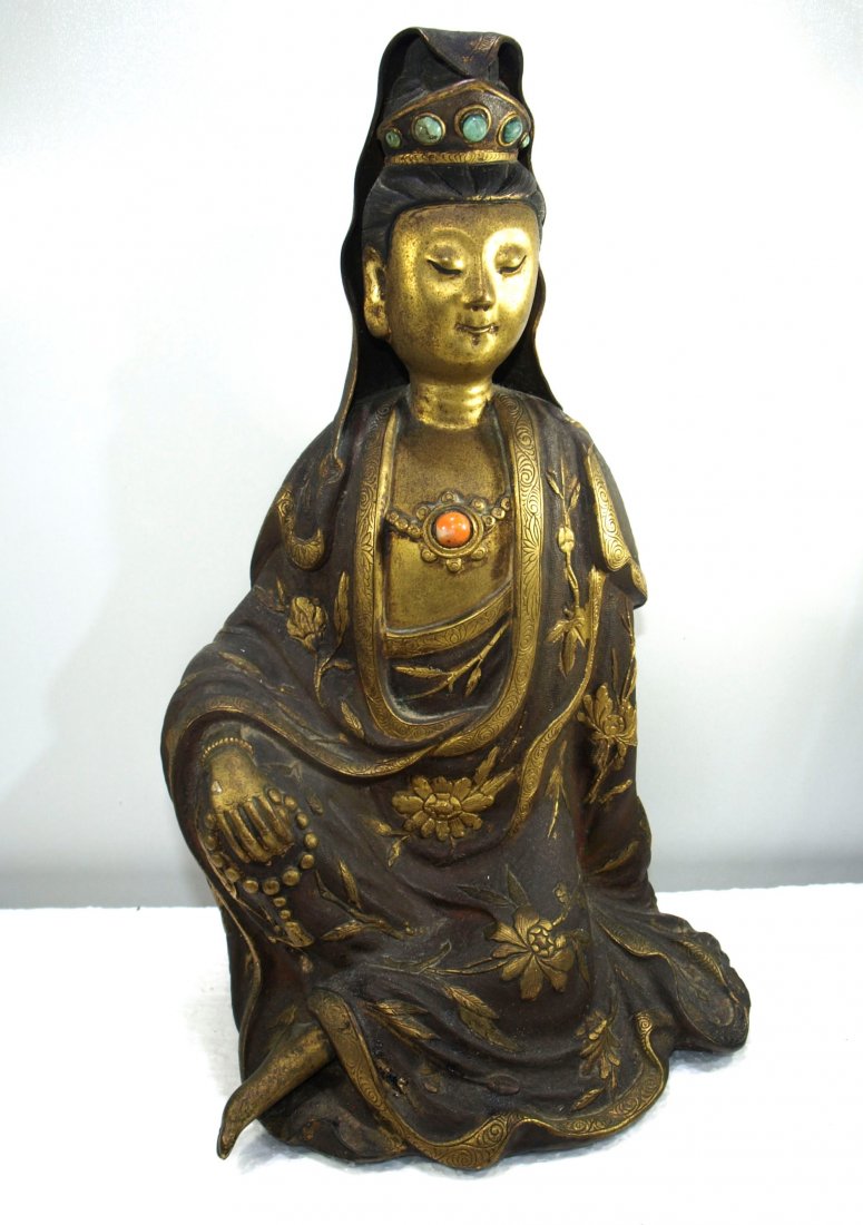 Antique Chinese gilt copper repousse over wood Guanyin (1 of 12)
