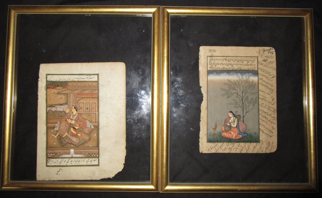 Pair Mughal miniature painting: Frames measure 14" x 12"Leafs measure 8" x 6" and 9" x 6.75"