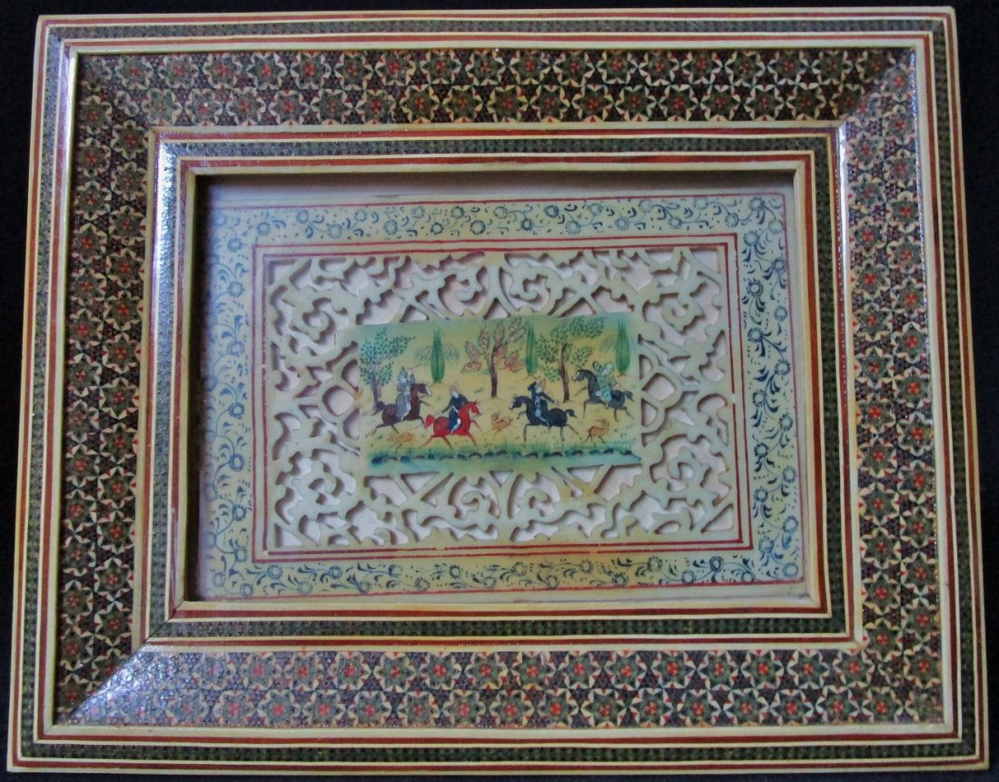 MIddle-eastern / Indian Miniature painting / carving: Frame measures 8.25" x 5.25"Carving measures 4.75" x 6.75"Painted area:3.12" x 1.75"