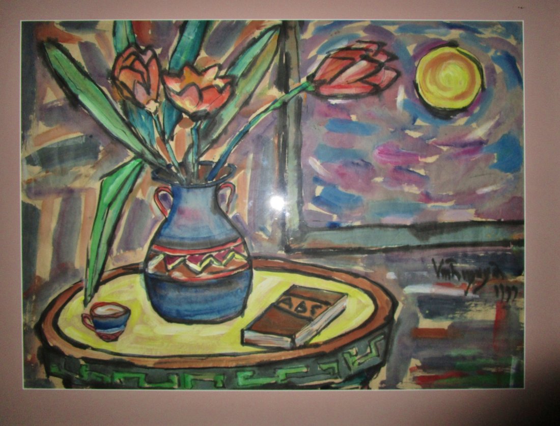 Vietnamese watercolor painting - Style of Matese: Measures 30" tall x 37.5" wide (frame).NO BUYERS PREMIUM.