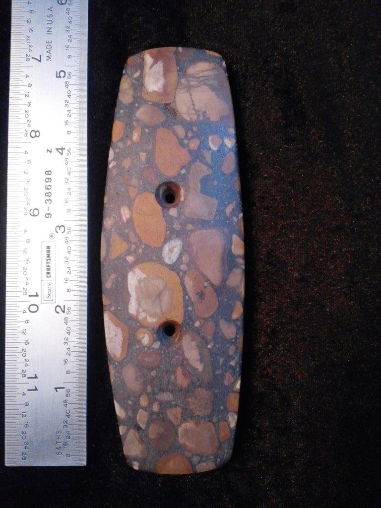 GORGET: IT IS 5&1/8 INCHES LONG BY 1&3/4 INCHES WIDE. IT IS FROM OHIO. IT WOULD MAKE A GREAT ADDITION TO YOUR COLLECTION!