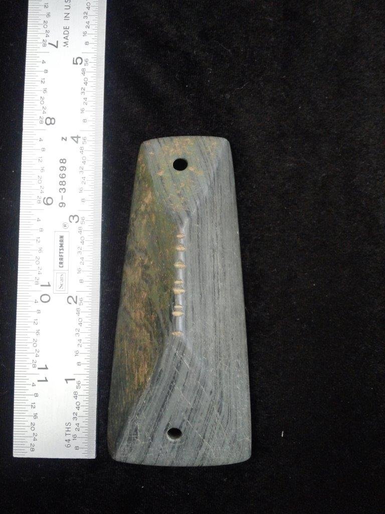 GORGET: IT IS 4 INCHES LONG BY 1&3/4 INCHES WIDE. THIS BEAUTIFUL ARTIFACT IS FROM OHIO. SUCH A WONDERFUL PIECE TO BUILD ON TO YOUR COLLECTION.