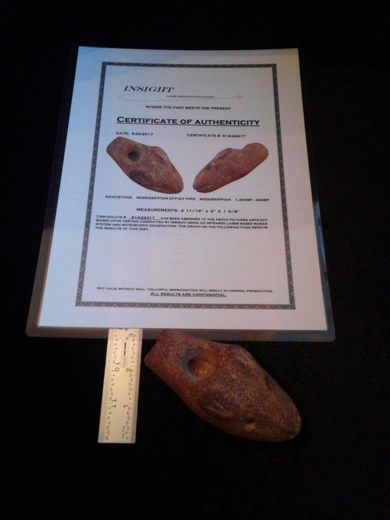 MISSISSIPPIAN EFFIGY PIPE   INSIGHT EVALUATION  COA (1 of 6)