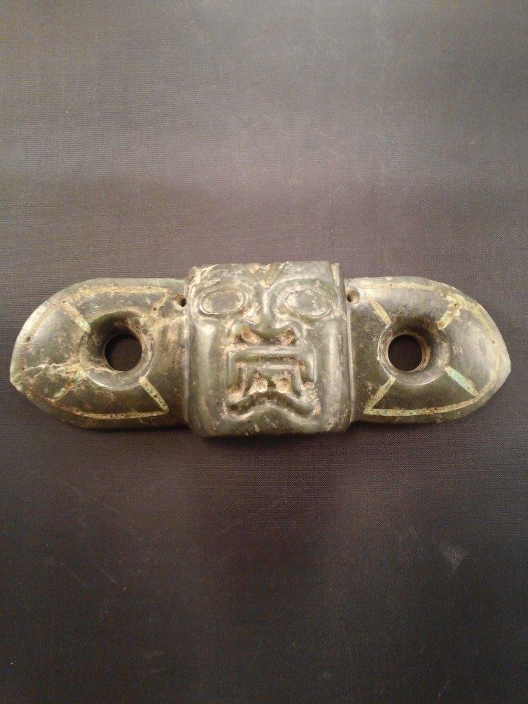 MAYAN / OLMEC JADE PECTORAL: THIS BEAUTIFUL PIECE IS 6&1/2 INCHES LONG BY 2 INCHES WIDE. MADE OF JADE FROM BELIZE. IT WILL MAKE A GREAT ADDITION TO YOUR COLLECTION!