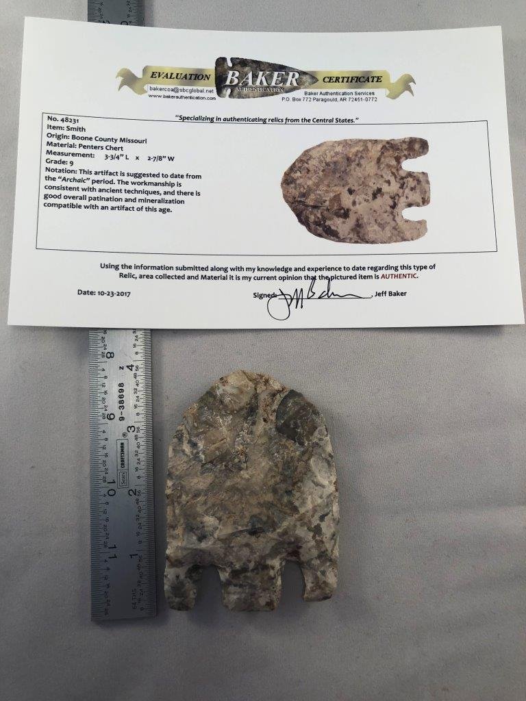 SMITH WITH BAKER COA: THIS BEAUTIFUL ARTIFACT IS 3&3/4 INCHES LONG. IT COMES FROM BOONE COUNTY MISSOURI.IT HAS A BAKER CERTIFICATE OF AUTHENTICITY. IT WILL MAKE A GREAT ADDITION TO YOUR COLLECTION!
