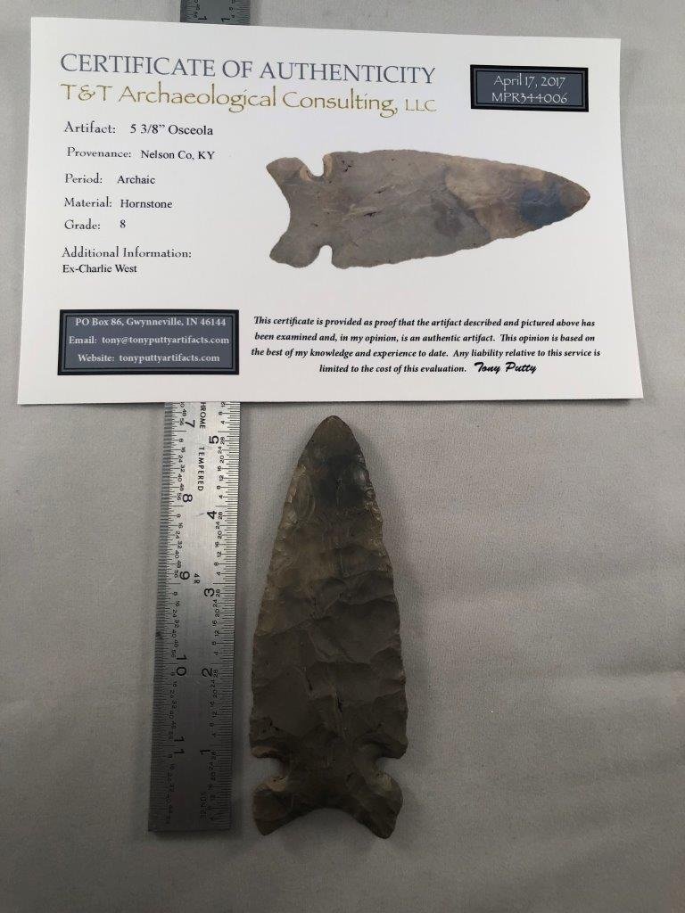 OSCEOLA WITH TONY PUTTY COA: THIS BEAUTIFUL ARTIFACT IS 5&3/8 INCHES LONG. IT IS FROM NELSON COUNTY KENTUCKY.IT IS AN EX-CHARLIE WEST COLLECTION. IT COMES WITH A TONY PUTTY CERTIFICATE OF AUTHENTICITY. THIS WILL MAKE A GREAT ADDI