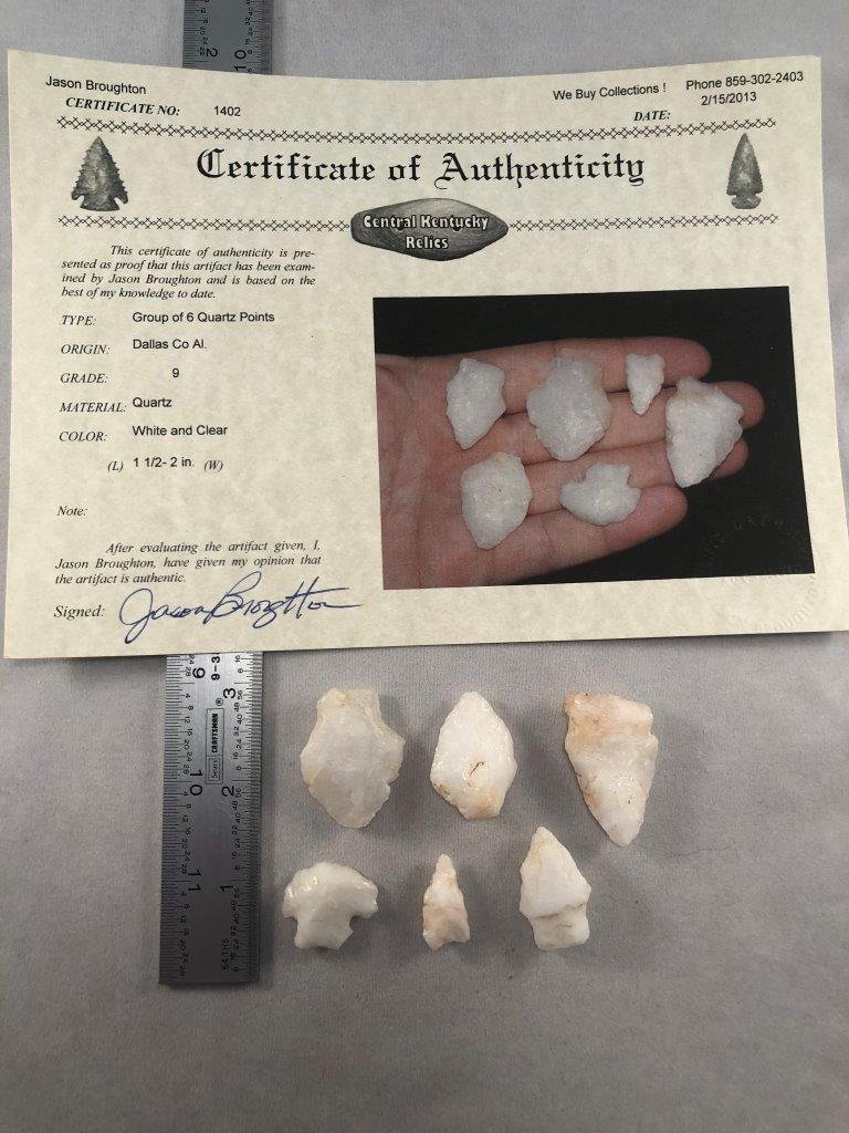 GROUP OF 6 QUARTZ POINTS         WITH  CKR   COA (1 of 3)