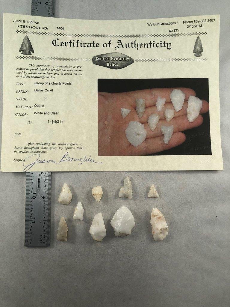 GROUP OF 9 QUARTZ POINTS         WITH CKR  COA (1 of 3)