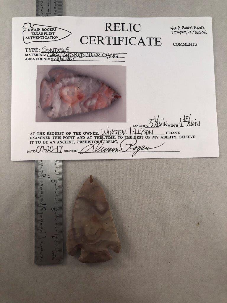 SNYDERS WITH COA: THIS BEAUTIFUL ARTIFACT IS 3&1/16 INCHES LONG BY 1&15/16 INCHES WIDE. IT IS FROM MIDWEST. COMES WITH A DWAIN ROGERS CERTIFICATE OF AUTHENTICITY. IT WILL MAKE A GREAT ADDITION TO YOUR COLLECTION!