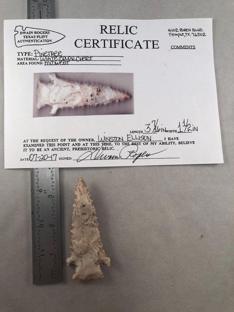 PINETREE WITH COA: THIS BEAUTIFUL ARTIFACT IS 3&7/16 INCHES LONG BY 1&1/2 INCHES WIDE. IT IS FROM MIDWEST. COMES WITH A DWAIN ROGERS CERTIFICATE OF AUTHENTICITY. IT WILL MAKE A GREAT ADDITION TO YOUR COLLECTION!