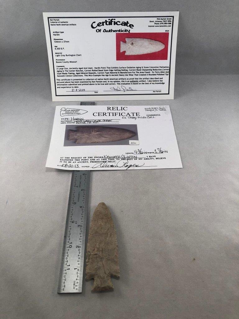 HARDIN WITH 2 COA'S: THIS BEAUTIFUL ARTIFACT IS 4&3/16 INCHES LONG BY 1&7/16 INCHES WIDE. IT IS FROM BOONE COUNTY MISSOURI. COMES WITH A DWAIN ROGERS & A KEN PARTAIN CERTIFICATE OF AUTHENTICITY. IT WILL MAKE A GREAT ADDIT