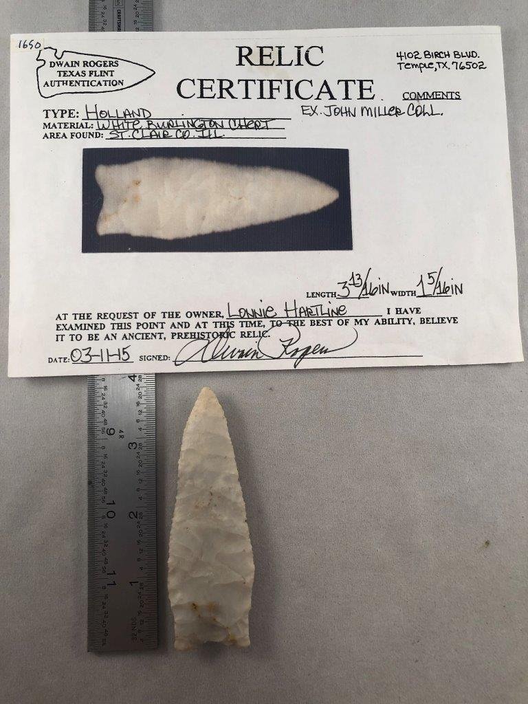 HOLLAND WITH COA: THIS BEAUTIFUL ARTIFACT IS 3&13/16 INCHES LONG BY 1&5/16 INCHES WIDE. IT IS FROM ST CLAIR COUNTY ILLINOIS. COMES WITH A DWAIN ROGERS CERTIFICATE OF AUTHENTICITY. IT WILL MAKE A GREAT ADDITION TO YOUR