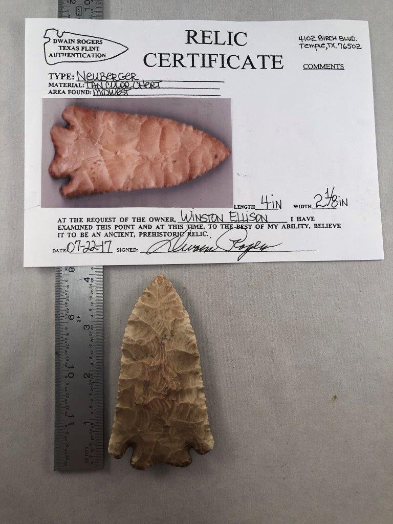 NEUBERGER WITH COA: THIS BEAUTIFUL ARTIFACT IS 4 INCHES LONG BY 2&1/8 INCHES WIDE. IT IS FROM MIDWEST. COMES WITH A DWAIN ROGERS CERTIFICATE OF AUTHENTICITY. IT WILL MAKE A GREAT ADDITION TO YOUR COLLECTION!