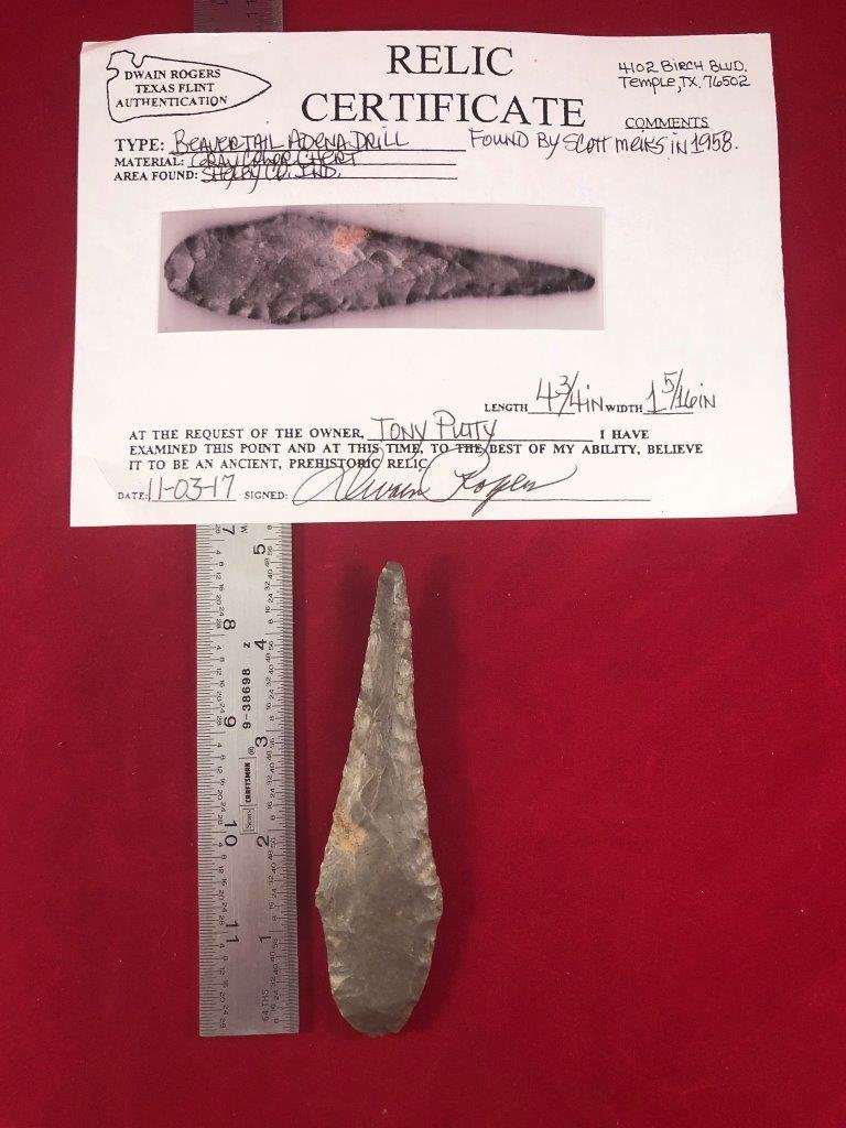 BEAVERTAIL ADENA DRILL   ARTIFACT ARROWHEAD WITH  COA (1 of 5)