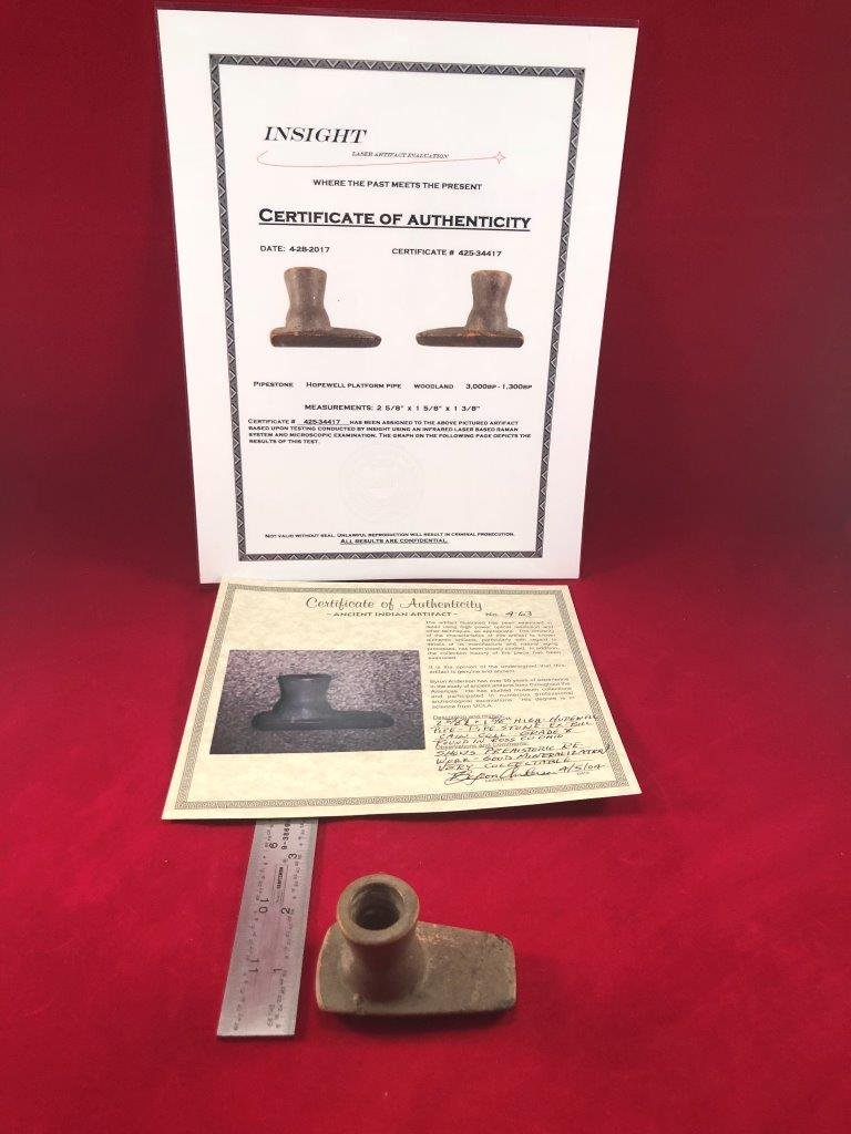 HOPEWELL PLATFORM PIPE  ARTIFACT ARROWHEAD WITH 2  COAs (1 of 9)