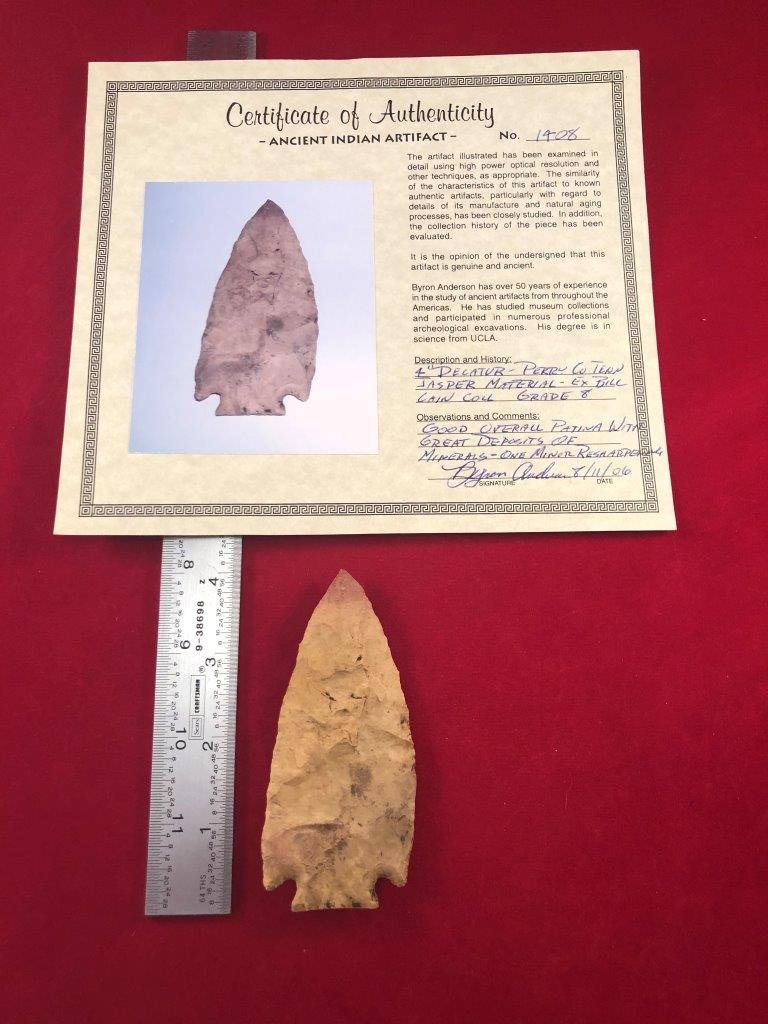 DECATUR WITH COA: THIS BEAUTIFUL ARTIFACT IS 4 INCHES LONG. IT IS FROM PERRY COUNTY TENNESSEE. COMES WITH A BYRON ANDERSON CERTIFICATE OF AUTHENTICITY. IT WILL MAKE A GREAT ADDITION TO YOUR COLLECTION!