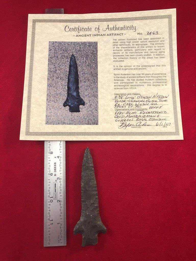 BENTON WITH COA: THIS BEAUTIFUL ARTIFACT IS 4&3/8 INCHES LONG. IT IS FROM PERRY COUNTY MISSOURI. COMES WITH A BYRON ANDERSON CERTIFICATE OF AUTHENTICITY. IT WILL MAKE A GREAT ADDITION TO YOUR COLLECTION!