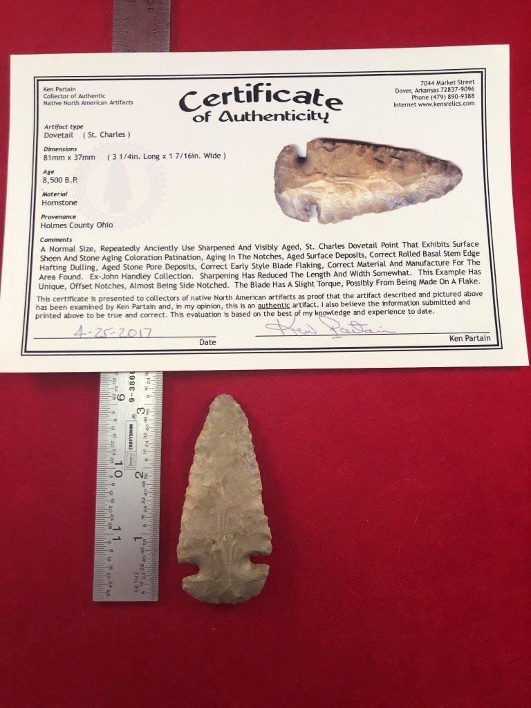 DOVETAIL WITH COA: THIS BEAUTIFUL ARTIFACT IS 3&1/4 INCHES LONG. IT IS FROM HOLMES COUNTY OHIO. COMES WITH A KEN PARTAIN CERTIFICATE OF AUTHENTICITY. IT WILL MAKE A GREAT ADDITION TO YOUR COLLECTION!