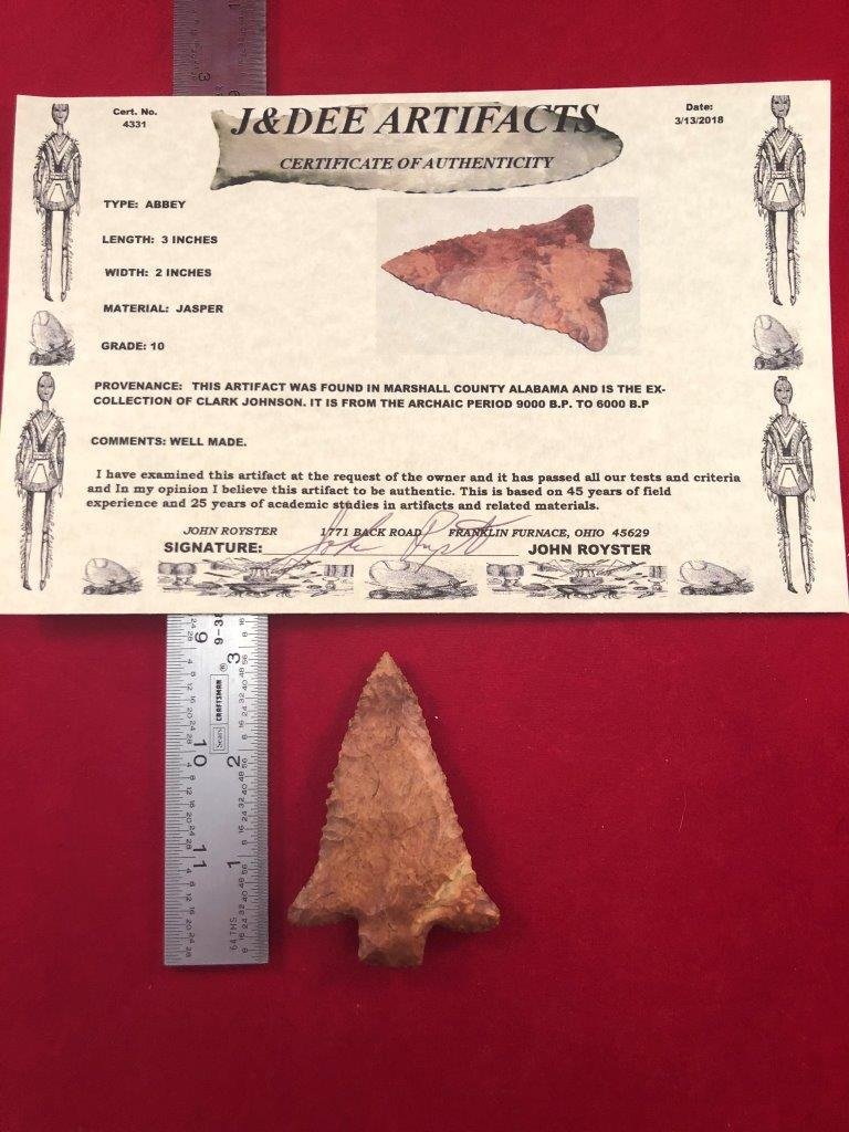 ABBEY WITH COA: THIS BEAUTIFUL ARTIFACT IS 3 INCHES LONG. IT IS FROM MARSHALL COUNTY ALABAMA. COMES WITH A J&DEE CERTIFICATE OF AUTHENTICITY. IT WILL MAKE A GREAT ADDITION TO YOUR COLLECTION!