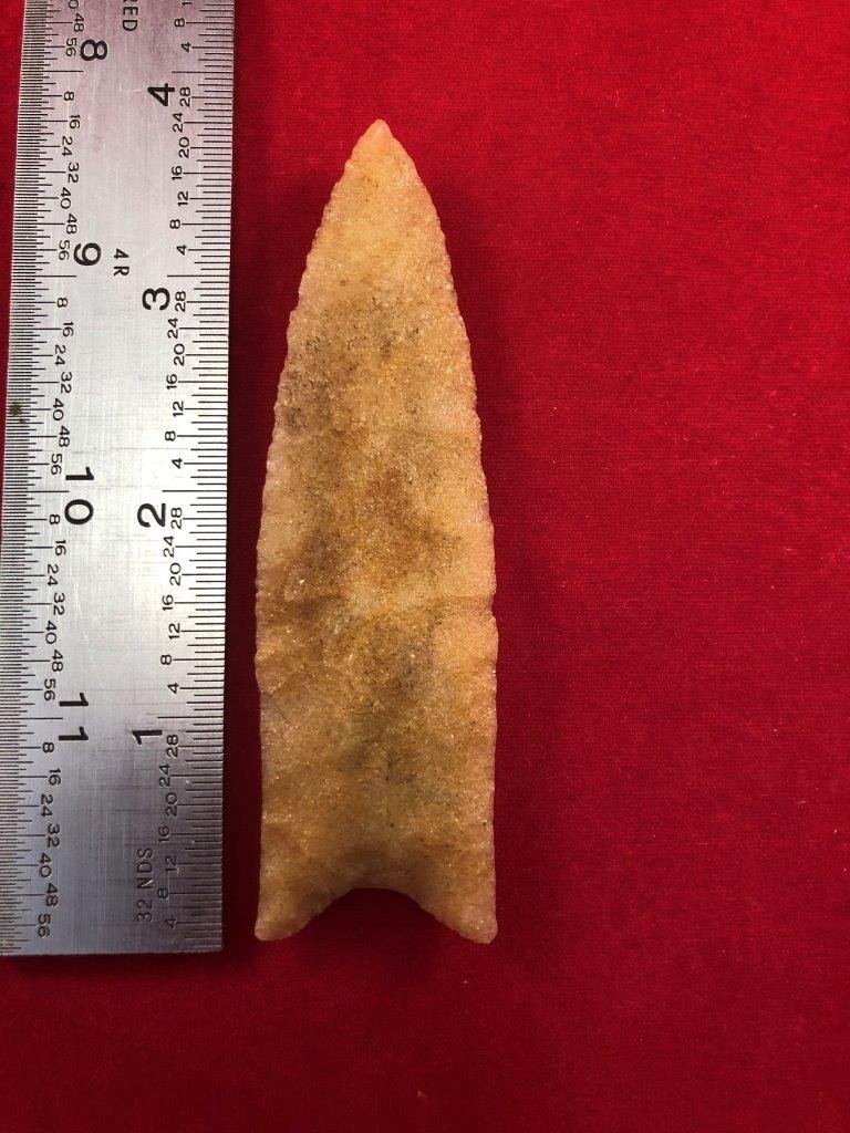 CLOVIS INDIAN ARTIFACT ARROWHEAD: THIS BEAUTIFUL ARTIFACT IS 3&3/4 INCHES LONG. IT IS FROM MISSOURI.EX- TERRY JOHNSON COLLECTION. IT WILL MAKE A GREAT ADDITION TO YOUR COLLECTION!