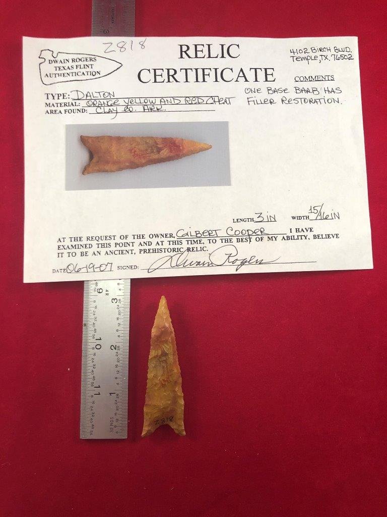 DALTON    INDIAN ARTIFACT ARROWHEAD WITH COA (1 of 5)