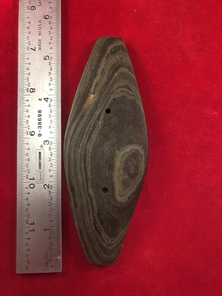 SLATE GORGET INDIAN ARTIFACT ARROWHEAD: THIS BEAUTIFUL NATIVE AMERICAN INDIAN ARTIFACT IS 5&1/4 INCHES LONG. IT IS FROM OHIO. IT IS THIN & WELL MADE. IT WILL MAKE A GREAT ADDITION TO YOUR COLLECTION! KEY WORDS: NATIVE AMERICAN INDIAN ARTIFA