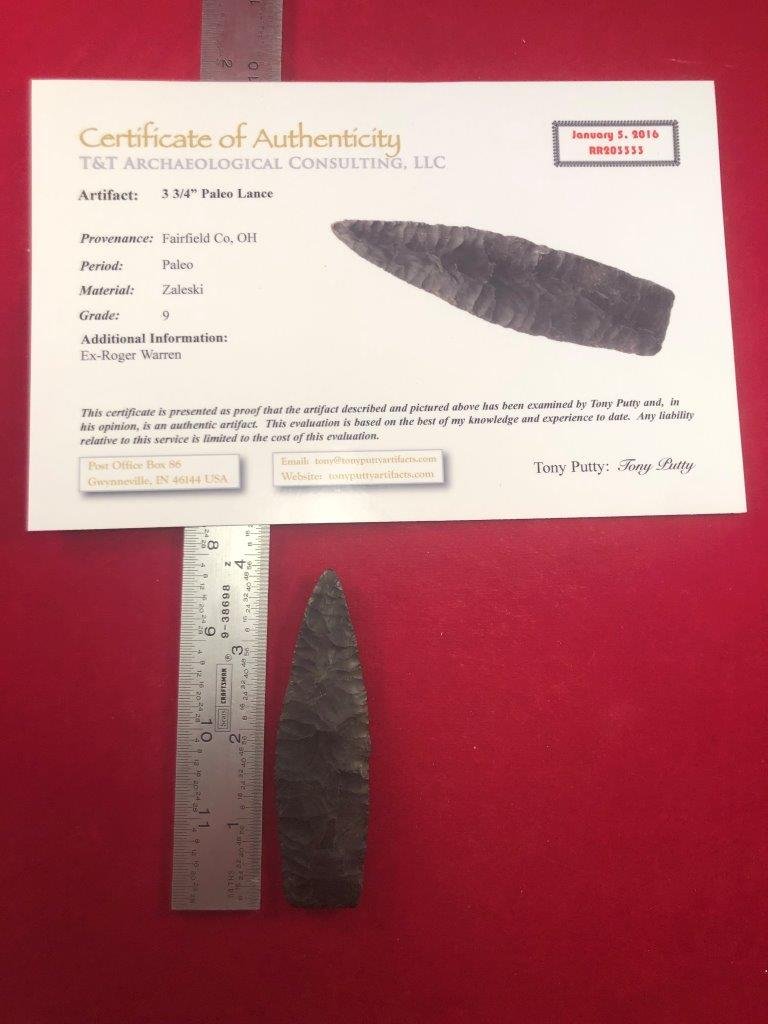 PALEO LANCE INDIAN ARTIFACT ARROWHEAD WITH COA: THIS BEAUTIFUL NATIVE AMERICAN INDIAN ARTIFACT IS 3&3/4 INCHES LONG. IT IS FROM FAIRFIELD COUNTY OHIO. EX- ROGER WARREN COLLECTION. IT COMES WITH A TONY PUTTY CERTIFICATE OF AUTHENTICITY. IT WILL MAKE