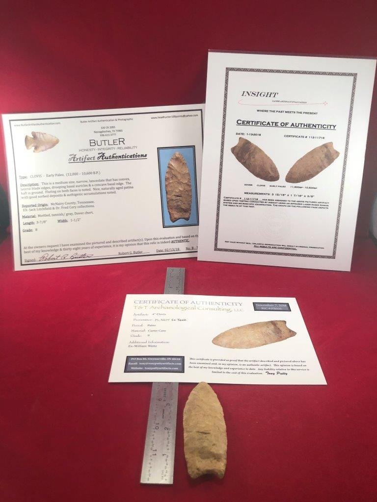 CLOVIS INDIAN ARTIFACT ARROWHEAD WITH 3 COAs: THIS BEAUTIFUL NATIVE AMERICAN INDIAN ARTIFACT IS 4 INCHES LONG. IT IS FROM McNairy COUNTY TENNESSEE. EX- WILLIAM WERTZ COLLECTION. IT COMES WITH A TONY PUTTY & AN INSIGHT LASER ARTIFACT EVALUATION & 