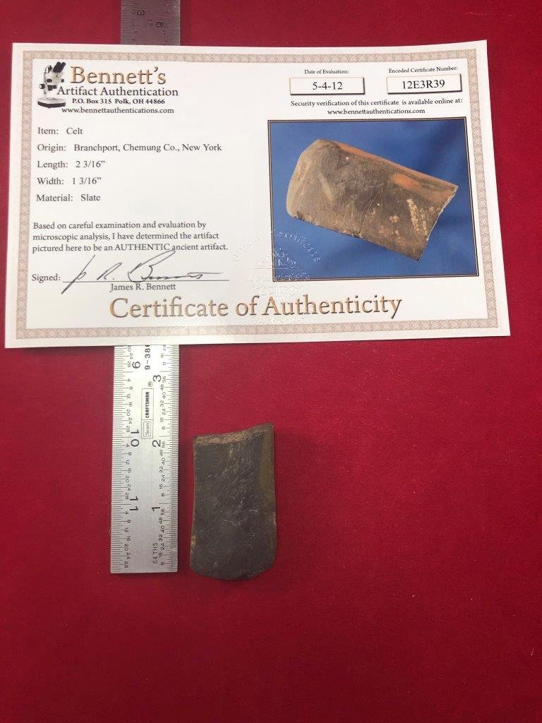CELT INDIAN ARTIFACT ARROWHEAD WITH COA: THIS BEAUTIFUL NATIVE AMERICAN INDIAN ARTIFACT IS 2&3/16 INCHES LONG. IT IS FROM BRANCHPORT CHEMUNG COUNTY NEW YORK. IT COMES WITH A BENNETT'S CERTIFICATE OF AUTHENTICITY. IT WILL MAKE A GREAT ADDITIO