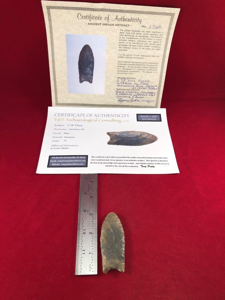 CLOVIS     INDIAN ARTIFACT ARROWHEAD WITH 2  COA's (1 of 6)