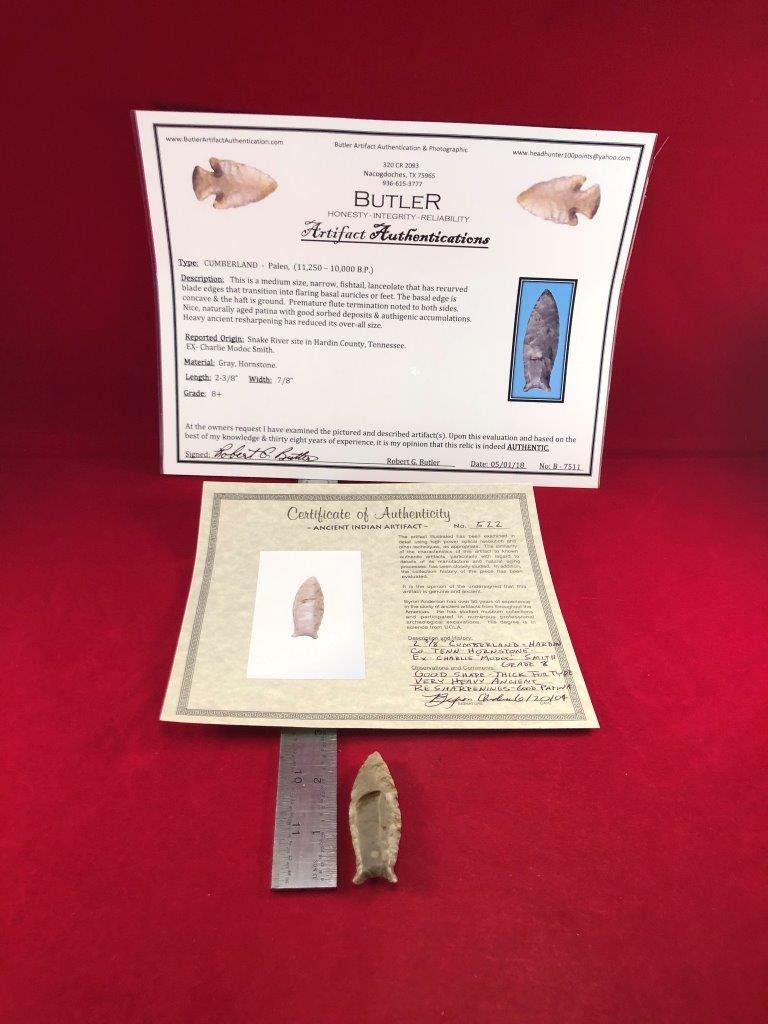 CUMBERLAND  INDIAN ARTIFACT ARROWHEAD WITH 2  COA's (1 of 6)