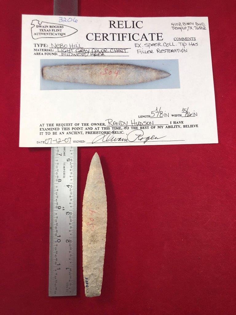 NEBO HILL INDIAN ARTIFACT ARROWHEAD WITH COA: THIS BEAUTIFUL NATIVE AMERICAN INDIAN ARTIFACT IS 5&1/8 INCHES LONG. IT IS FROM THE MIDWEST AREA. IT HAS DWAIN ROGERS CERTIFICATE OF AUTHENTICITY. IT WILL MAKE A GREAT ADDITION TO YOUR COLLECTION! KEY