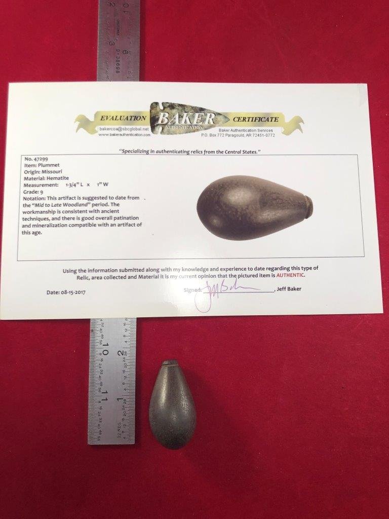 PLUMMET  INDIAN ARTIFACT ARROWHEAD WITH COA (1 of 4)