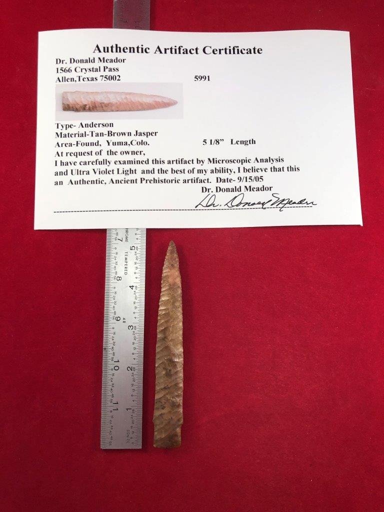 ANDERSON INDIAN ARTIFACT ARROWHEAD WITH COA: THIS BEAUTIFUL NATIVE AMERICAN INDIAN ARTIFACT IS 5&1/8 INCHES LONG. IT IS FROM YUMA COLORADO. IT COMES WITH A DR. DONALD MEADOR CERTIFICATE OF AUTHENTICITY. EX- DON MEADOR COLLECTIONS. IT WILL MAKE A
