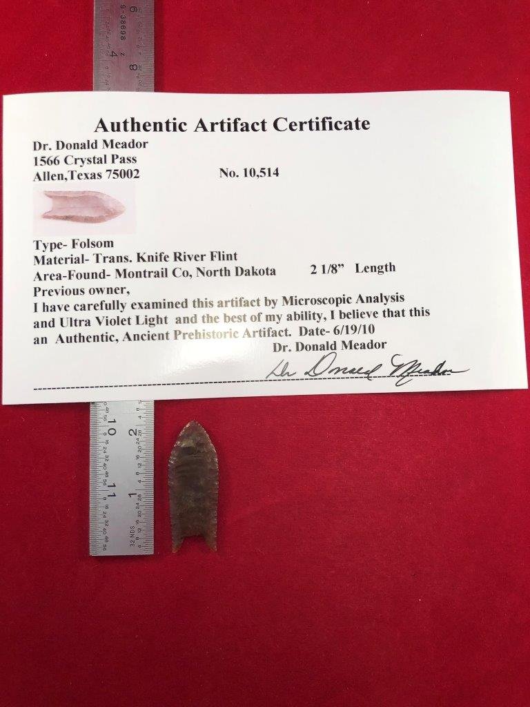 FOLSOM    INDIAN ARTIFACT ARROWHEAD WITH COA (1 of 6)