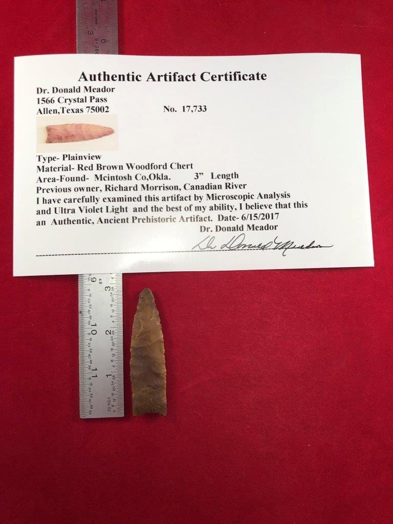 PLAINVIEW    INDIAN ARTIFACT ARROWHEAD WITH COA (1 of 5)