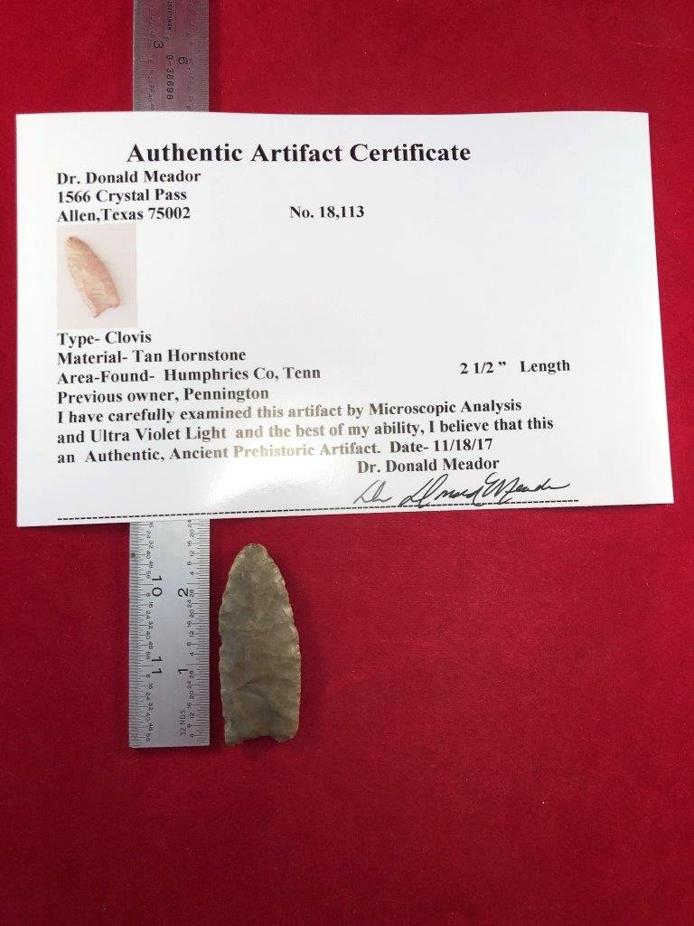CLOVIS    INDIAN ARTIFACT ARROWHEAD WITH COA (1 of 5)