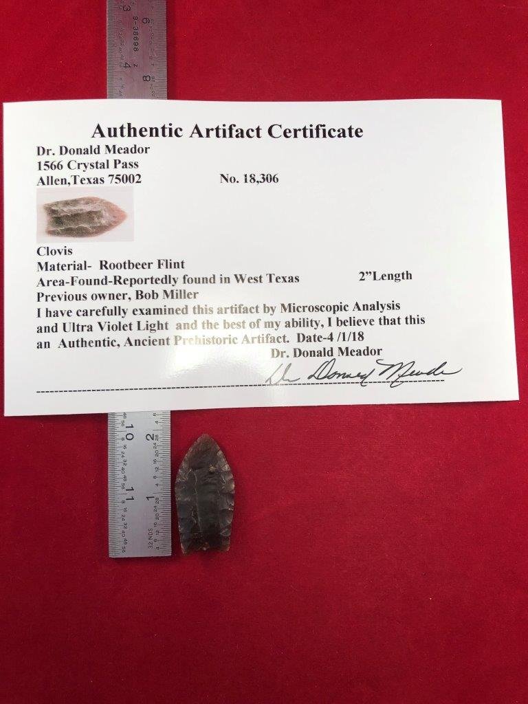 CLOVIS    INDIAN ARTIFACT ARROWHEAD WITH COA (1 of 6)