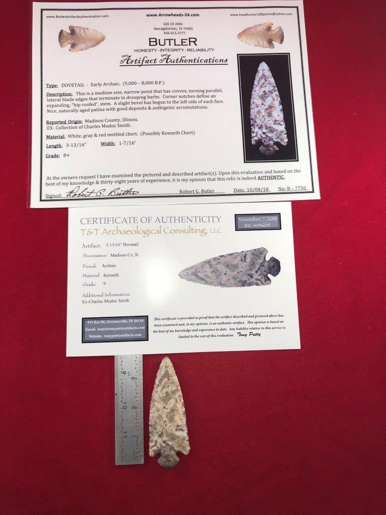 DOVETAIL  INDIAN ARTIFACT ARROWHEAD WITH 2 COAs (1 of 6)