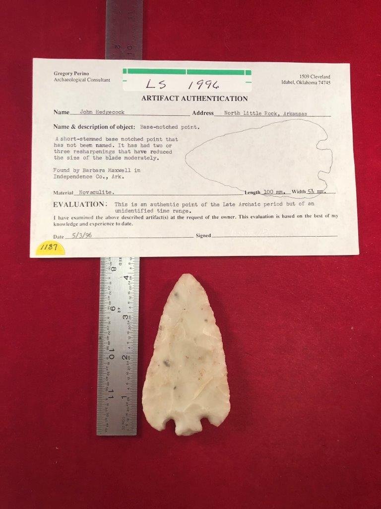 BASE NOTCHED POINT   INDIAN ARTIFACT ARROWHEAD WITH COA (1 of 8)